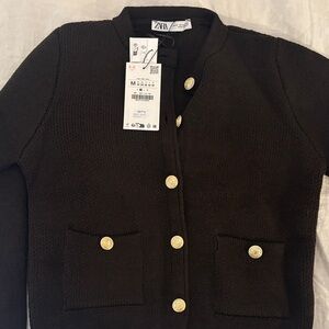 Never Worn Zara Dark Knit Cardigan with Gold Accents